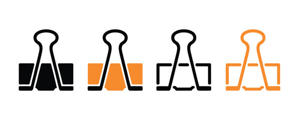 Binder clips in black, orange, and outline styles are shown in a row.