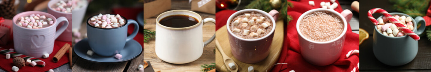 Christmas drinks. Cocoa, hot chocolate and coffee, collage. Happy winter holidays