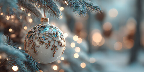 Christmas white decoration ball and spruce tree close up, bokeh lights background. Merry Christmas and Happy Holidays greeting card, frame, banner. New Year. Noel. Winter festive xmas theme.