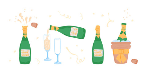 Champagne with clinking glasses, sparkling wine, bottles, and toast. Vector illustration set for New Year parties, wedding designs, event invitations, and festive branding.