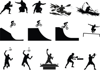 Fototapeta premium Collection of black silhouettes depicting various sports and activities on white background