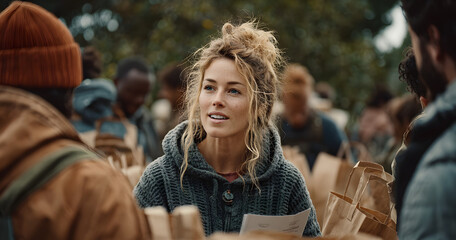 Clipboard, outdoor or volunteer people with paper bag, community service or packaging for charity drive. Teamwork, non profit or woman with donation list for food security crisis, inspection or park