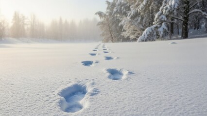 Footprints in the snow leading through a serene winter landscape for winter adventure and exploration
