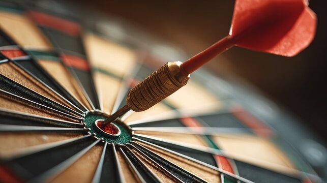 Close-Up of Red Dart Hitting Bullseye on Classic Dartboard with Soft Lighting