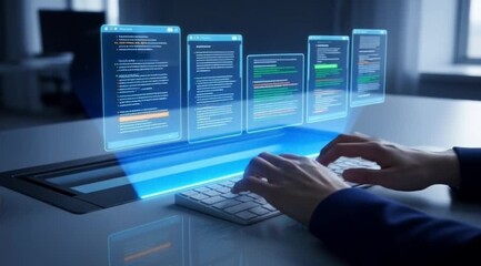 Future tech professional coding with holographic display on modern desk - Powered by Adobe