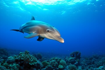 Fototapeta premium Playful Dolphin Swimming Above Coral Reef in Clear Blue Water