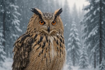 Majestic Eagle Owl Standing in Falling Snow Close-Up. Bird, wildlife, predator, winter, nature, raptor