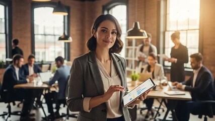 Confident professional analyzing data on tablet amidst dynamic modern office collaboration and success - Powered by Adobe