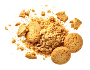 Close-up of biscuit pieces, crumbs, and whole cookies on black background