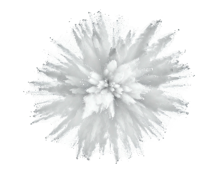 Overhead view of a burst of white powder against a solid black background