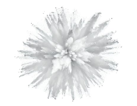 Overhead view of a burst of white powder against a solid black background