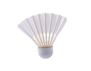 A close-up shot of a white badminton shuttlecock, with the feathered part extended