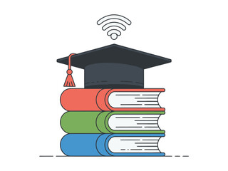 A graduation cap sits atop a stack of colorful books with a Wi-Fi symbol above it.