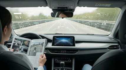 Woman reading magazine while autonomous car navigates highway with futuristic HUD display - Powered by Adobe