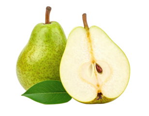 A ripe green pear, cut to reveal a cross section, alongside a whole pear and leaf