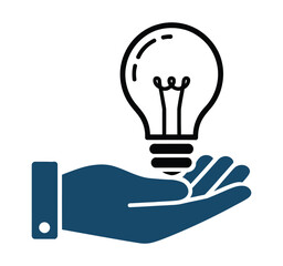 A stylized hand holds a glowing light bulb, symbolizing innovation and new ideas.