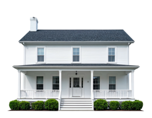 A white two-story residence with a porch, dark roof, and neatly trimmed shrubs