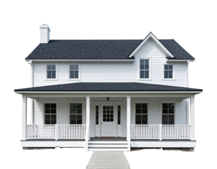 A crisp, isolated, white two-story residence with a front porch and a dark roof