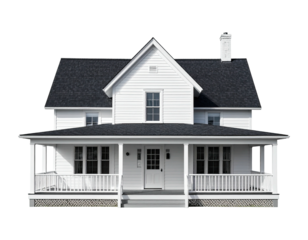 Classic white two-story residence with a wraparound porch and dark roof