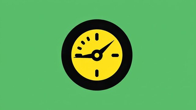 A simple, stylized graphic of a yellow gauge with a black needle pointing towards the left, set against a green background