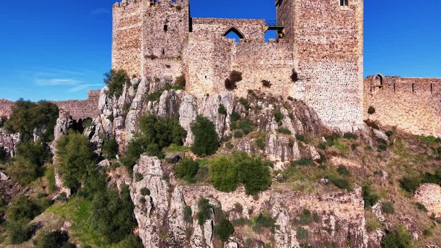 Drone Ascending Over Castillo de Luna in Alburquerque, Spain