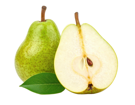 A ripe green pear, cut to reveal a cross section, alongside a whole pear and leaf