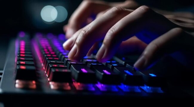 Hands typing rapidly on illuminated keyboard in dark room setting