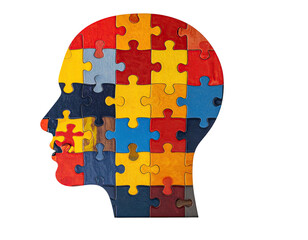 Silhouette of a head crafted from jigsaw puzzle pieces in various vibrant colors, against black