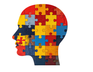 Silhouette of a head crafted from jigsaw puzzle pieces in various vibrant colors, against black
