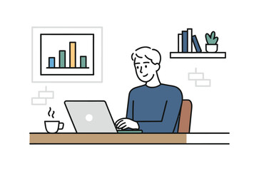 A man is working on a laptop computer at a desk with a cup of coffee.