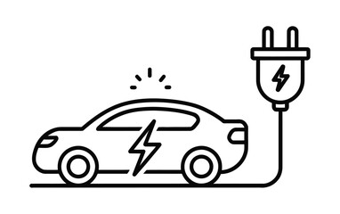 An electric car is being charged from a power outlet with a lightning bolt symbol.