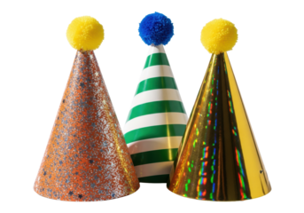 A close-up studio shot of three vibrant, cone-shaped party hats (orange glitter, green striped, holographic gold foil) isolated on a pure white background with soft bokeh and copy space. Joyful