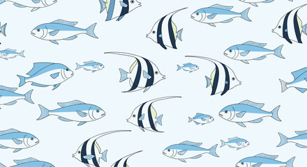 Obraz premium A serene seamless pattern of various blue and white fish including Moorish idols swimming together in clear light blue ocean water.