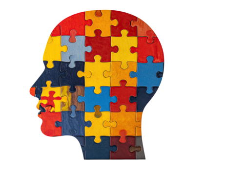 Silhouette of a head crafted from jigsaw puzzle pieces in various vibrant colors, against black - Powered by Adobe