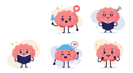 Set of six cute cartoon brain characters showing a variety of emotions and activities like reading thinking and feeling love.