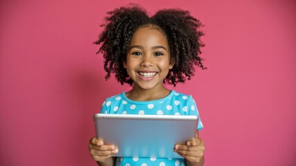 Adorable young girl smiling with tablet against vibrant pink backdrop