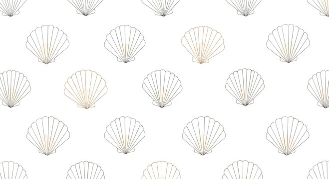 Elegant and minimalist seamless pattern of art deco style seashell outlines in gold and grey on a white background.