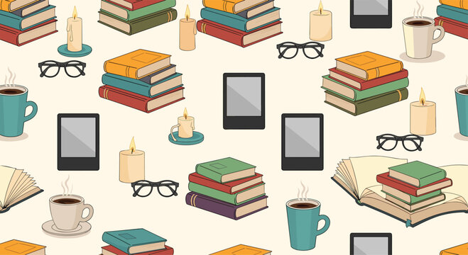 Cozy seamless pattern for book lovers with stacks of books e-readers glasses candles and coffee on a light background.