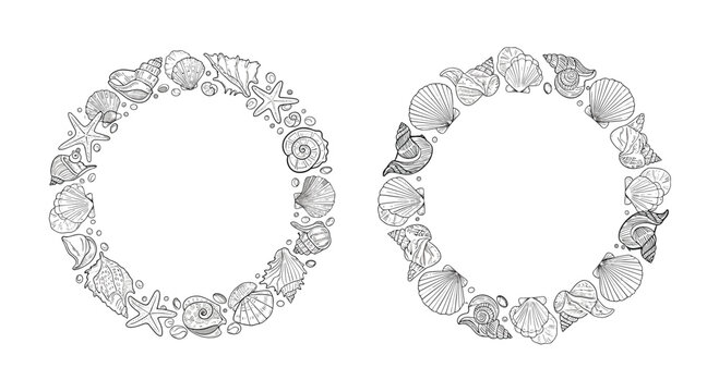 Set of two hand-drawn circular wreaths made of various seashells and starfish in a detailed black and white engraving style.