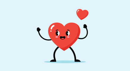 An adorable and happy red heart cartoon character with a smiling face arms and legs jumping for joy with a smaller heart above it.