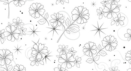 An elegant seamless floral pattern featuring delicate hand-drawn outline flowers leaves stars and swirls on a clean white background.