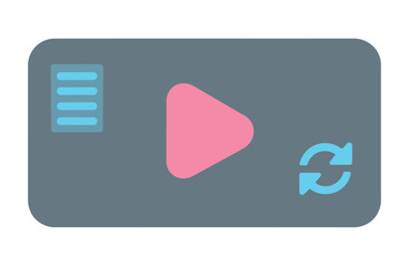 A graphic design featuring a play button, a refresh icon, and a horizontal list.