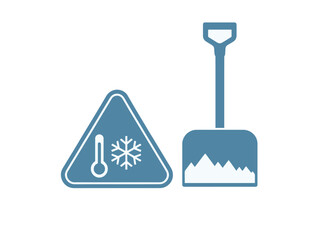 A warning sign for cold weather and a shovel for snow removal are displayed.