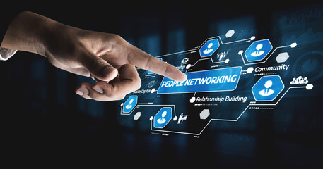 A hand interacts with a high-tech digital interface showcasing networking concepts. The image symbolizes connection, community, and relationship building in a modern context. Tessel