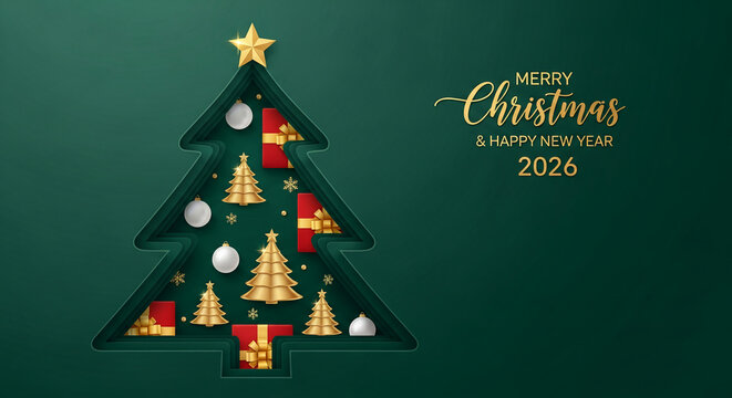 Green backdrop with Christmas tree shape, layered design containing golden trees, ornament, gifts, representing celebration and holiday spirit with free space
