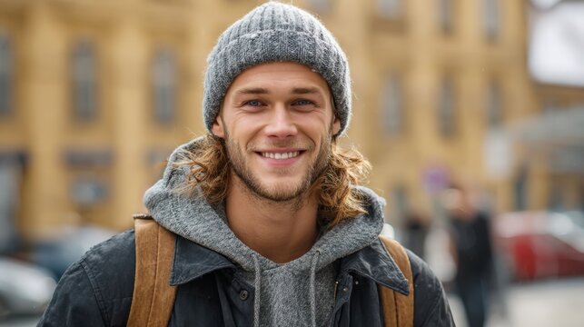 A stylish young man with long hair and a beanie stands confidently in a bustling city. He wears a casual gray hoodie and a jacket exuding a sense of comfort and approachability.