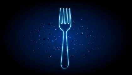 Glowing blue neon fork on a speckled dark background. Minimalist, sleek, modern design