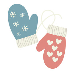 A pair of knitted mittens, one blue with snowflakes, one pink with hearts, are connected by a string.