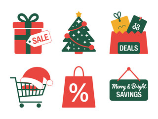 Christmas shopping icons including a sale gift, decorated tree, and shopping cart with a Santa hat.
