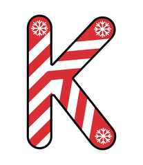 A red and white striped letter K with snowflakes, resembling a candy cane.